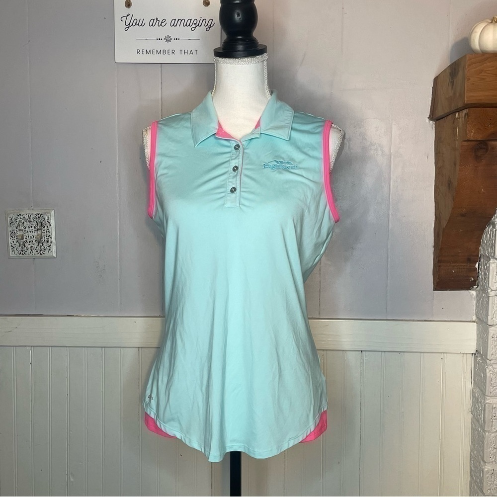 Women's Adidas Collared Tank Top Muscle Shirt Blue with Neon Pink Trim,
